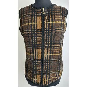 Vintage Harold's Size Large Woven Knit Vest Black Brown Full Zip Retro Hipster